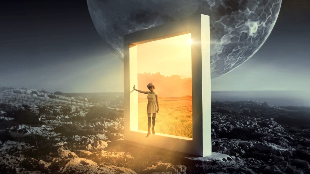 A person standing in a square portal between worlds